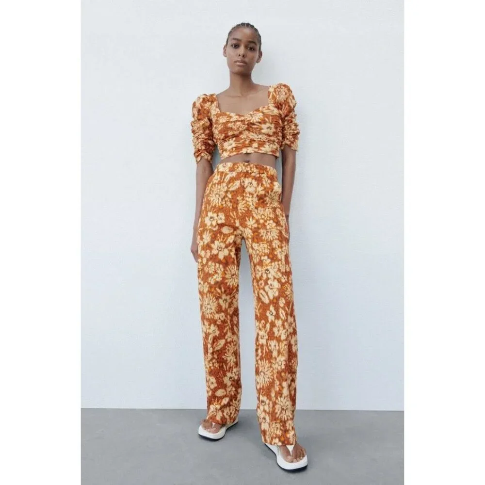 Zara Burnt Orange Floral Wide Leg Pants High Waist Boho Retro XL - Picture 5 of 16